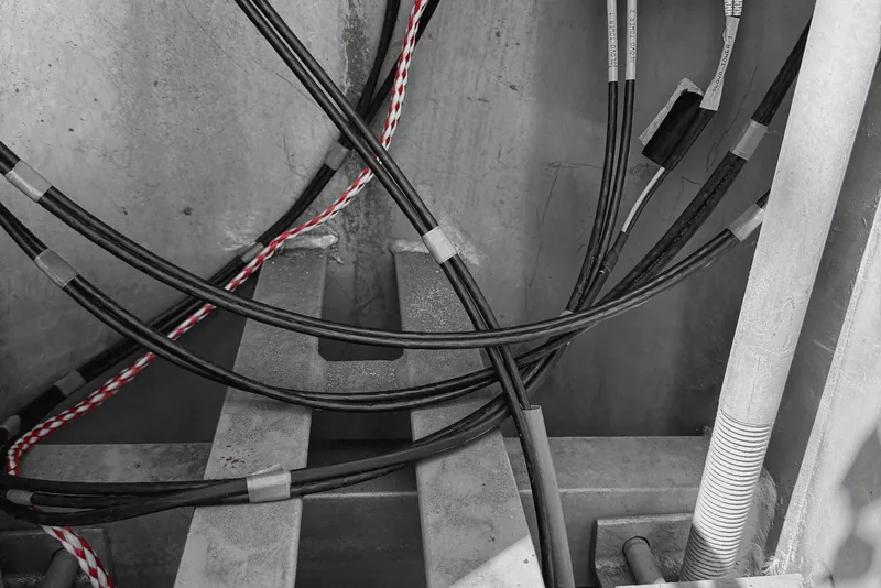 Fibre and power cables routed down into a splice box inside a pole base.